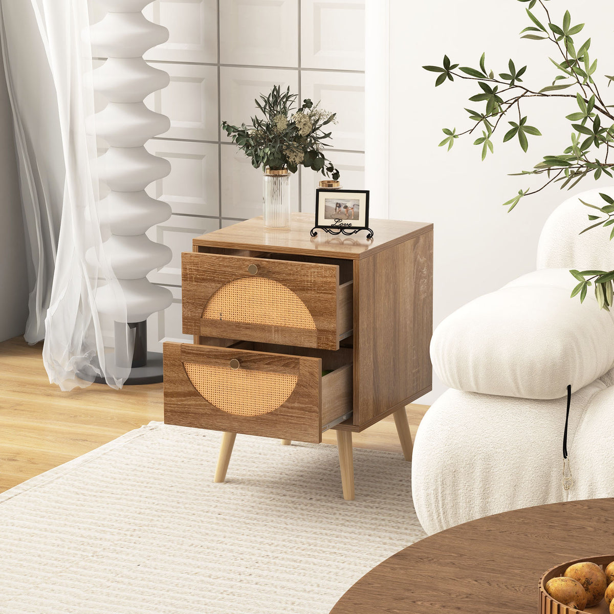 Rattan Nightstand with 2 Drawers & Wood Legs - Natural