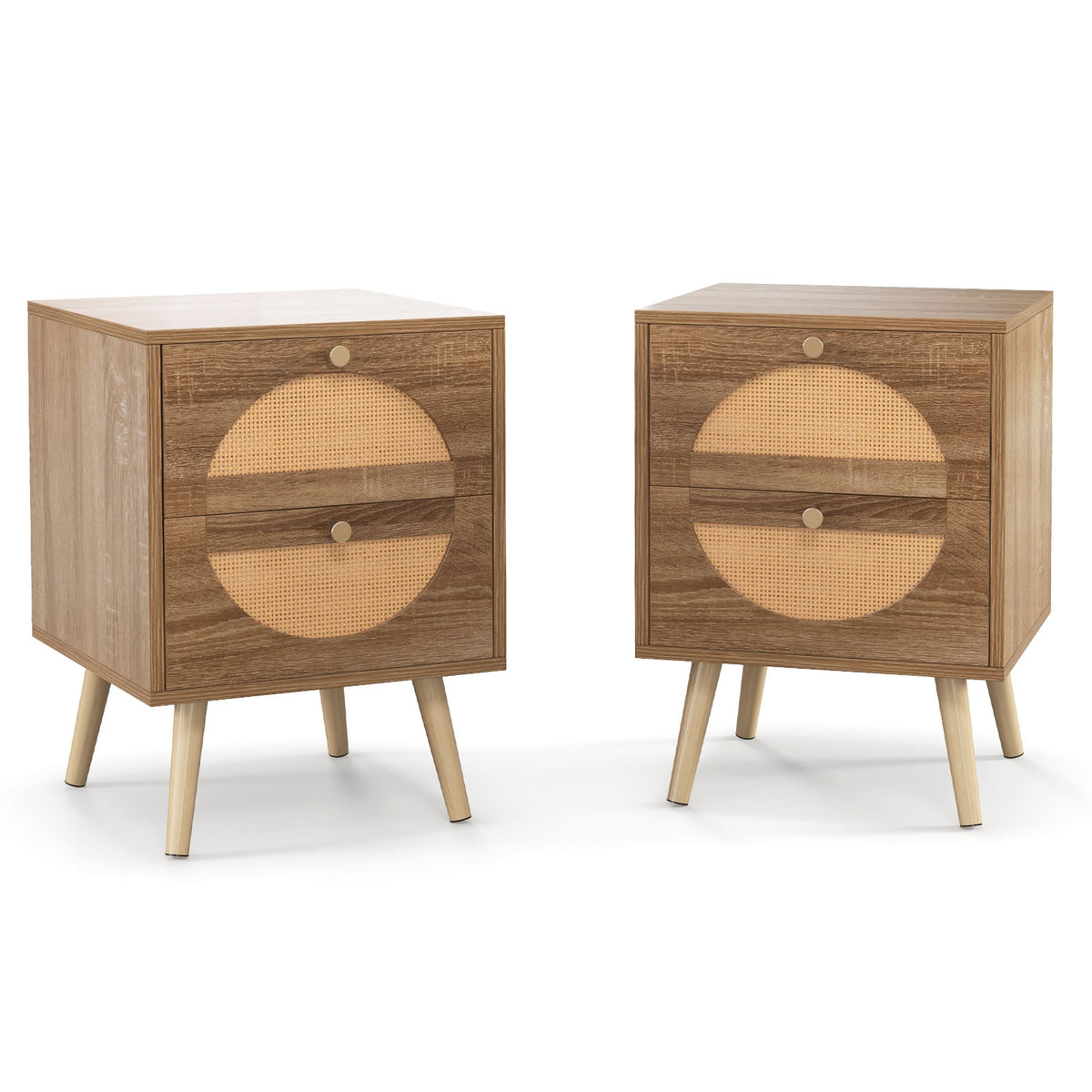 Rattan Nightstand with 2 Drawers & Wood Legs - Natural