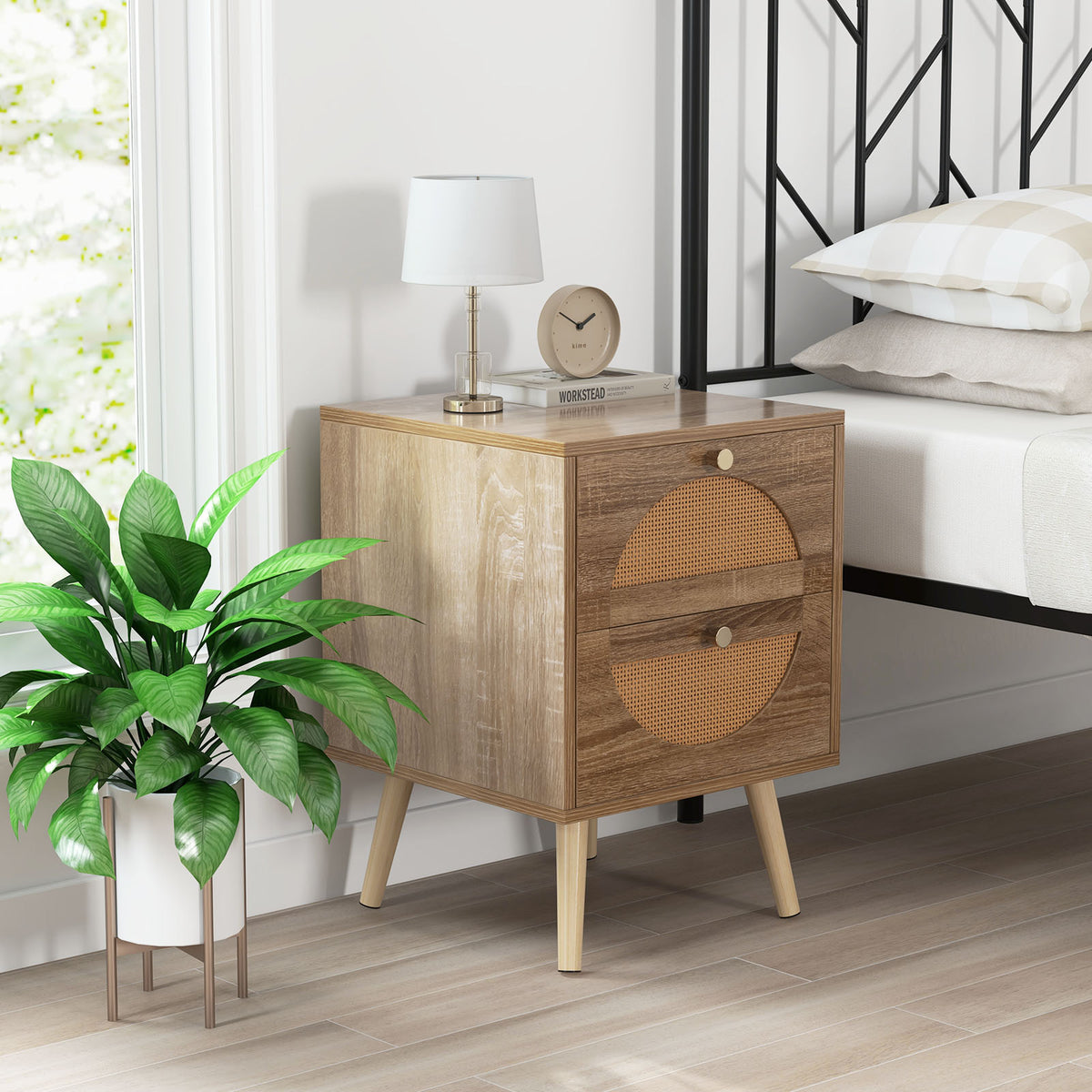 Rattan Nightstand with 2 Drawers & Wood Legs - Natural
