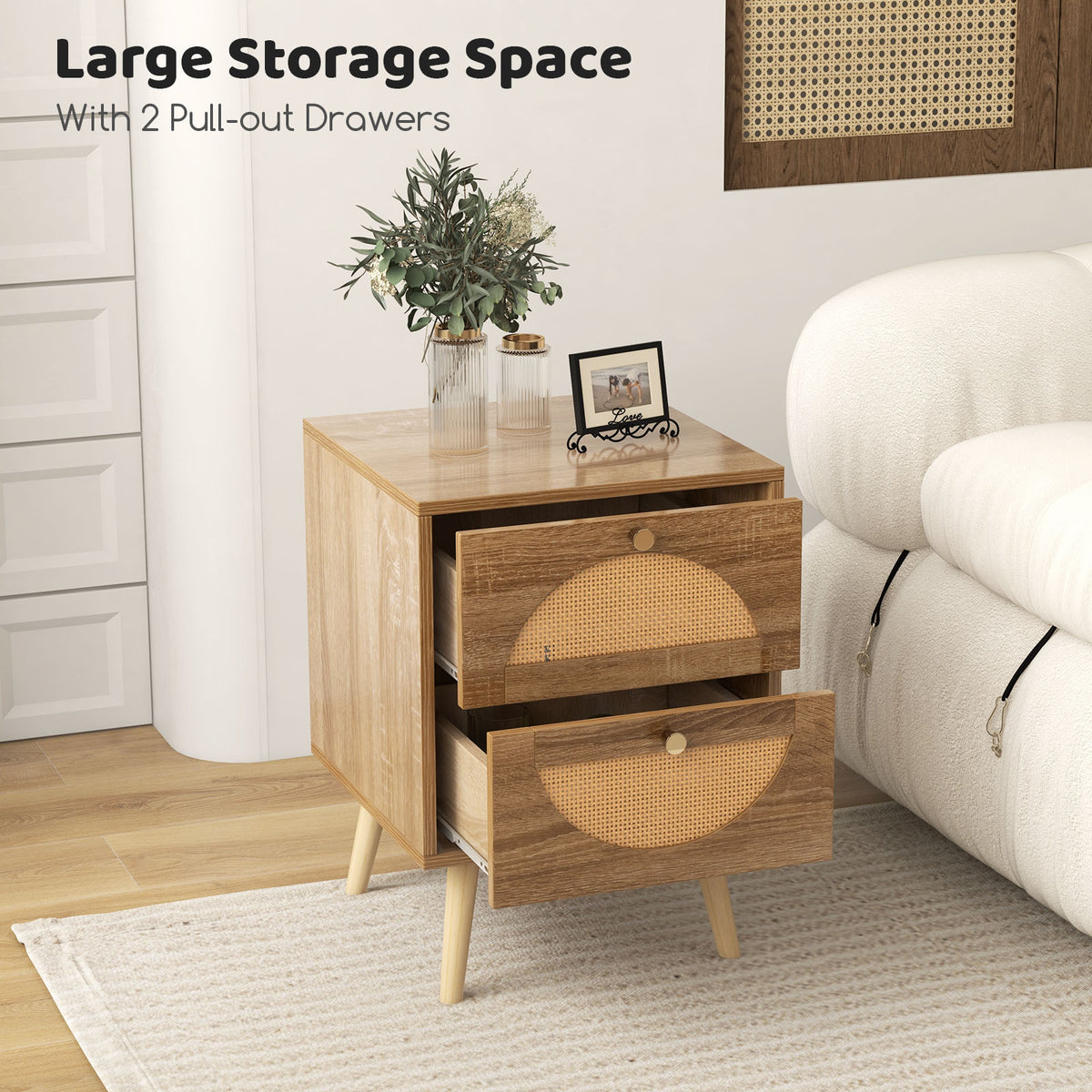 Rattan Nightstand with 2 Drawers & Wood Legs - Natural