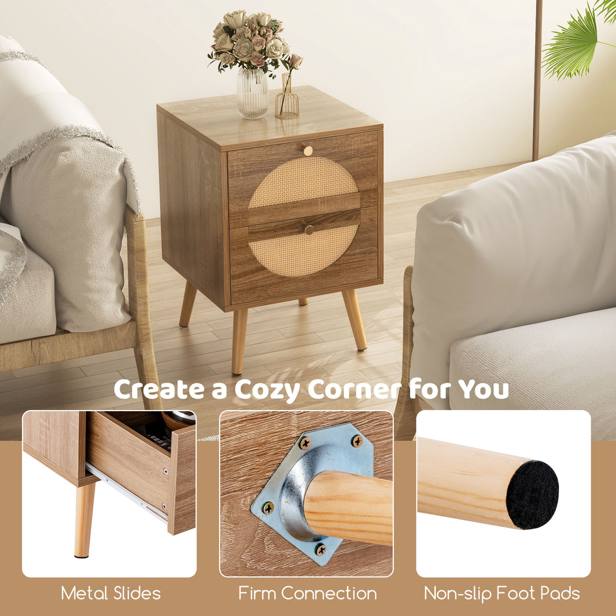 Rattan Nightstand with 2 Drawers & Wood Legs - Natural