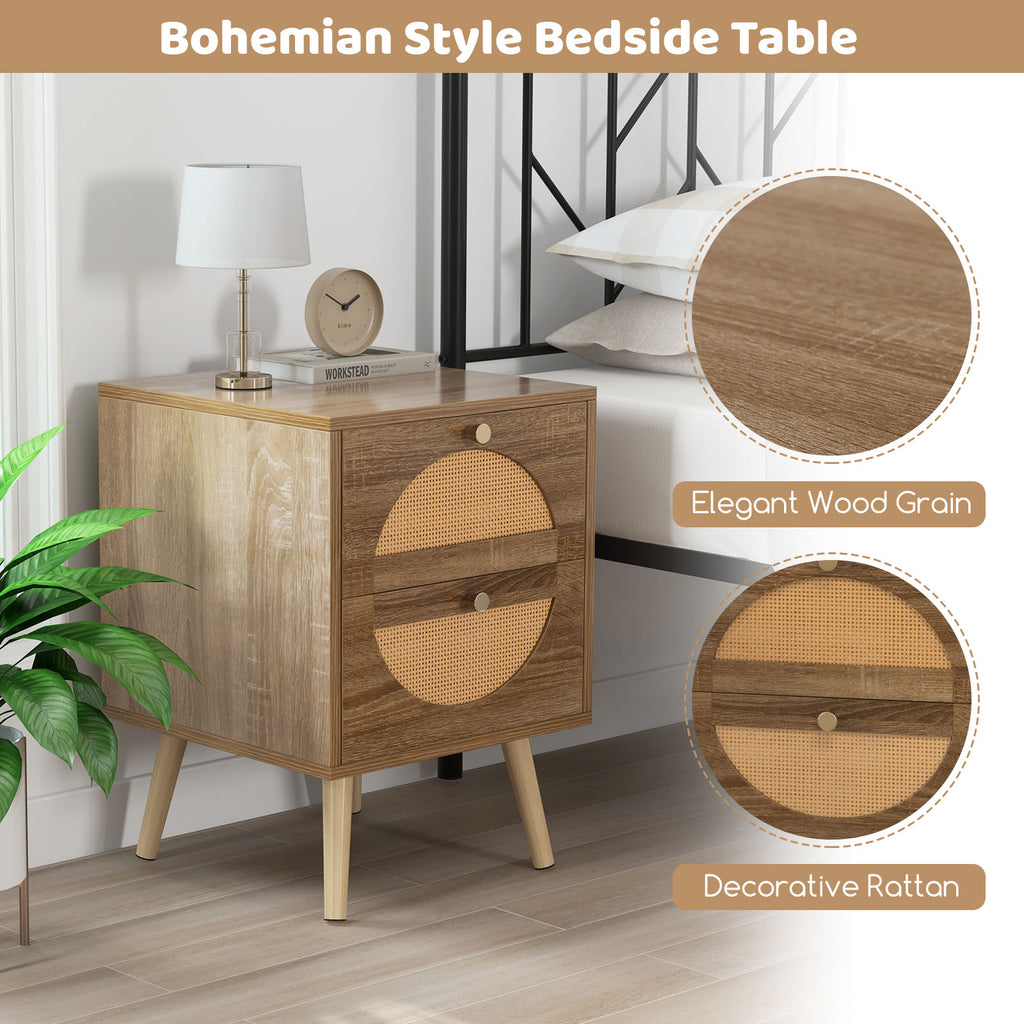 Rattan Nightstand with 2 Drawers & Wood Legs - Natural