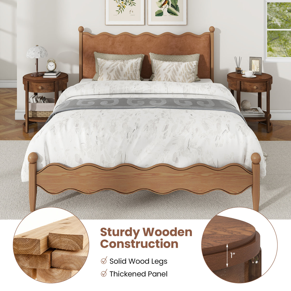 2-Tier Round End Table Mid Century Modern Nightstand, Brown