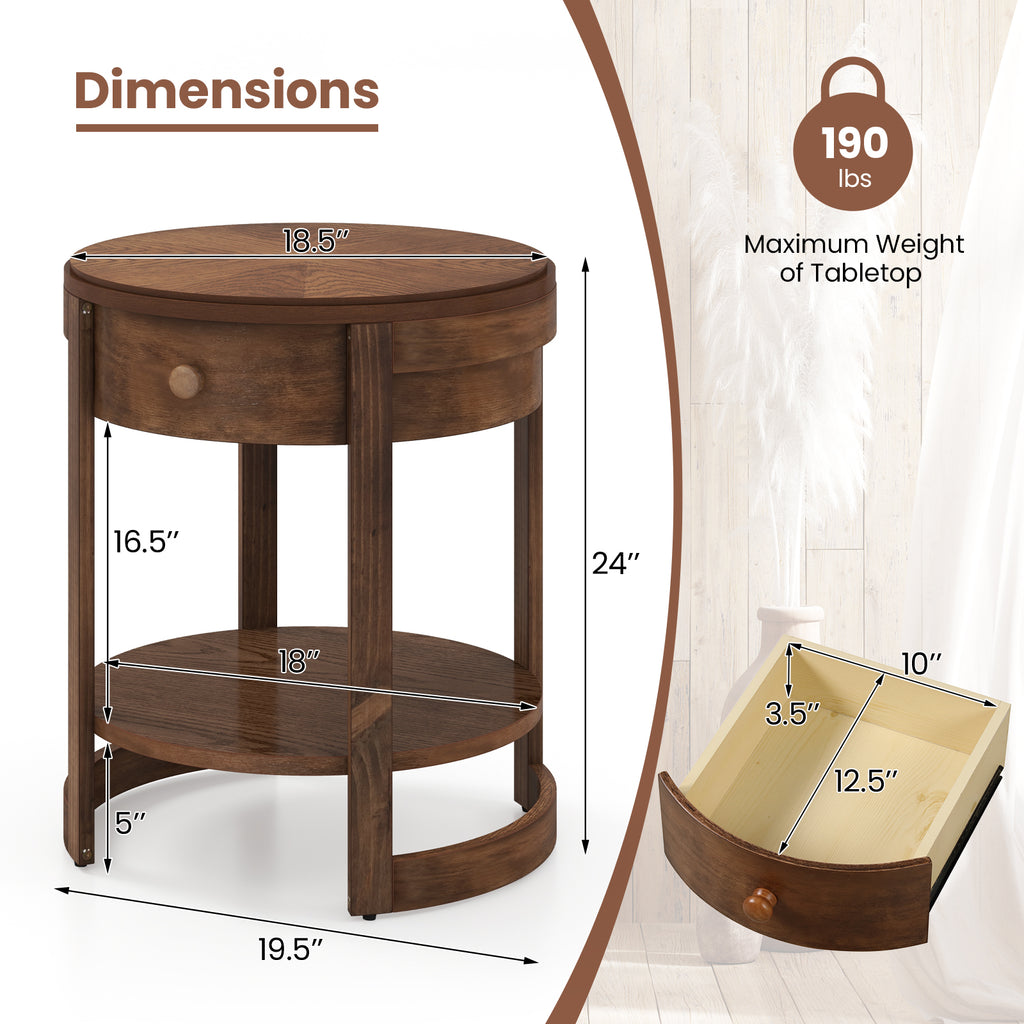 2-Tier Round End Table Mid Century Modern Nightstand, Brown