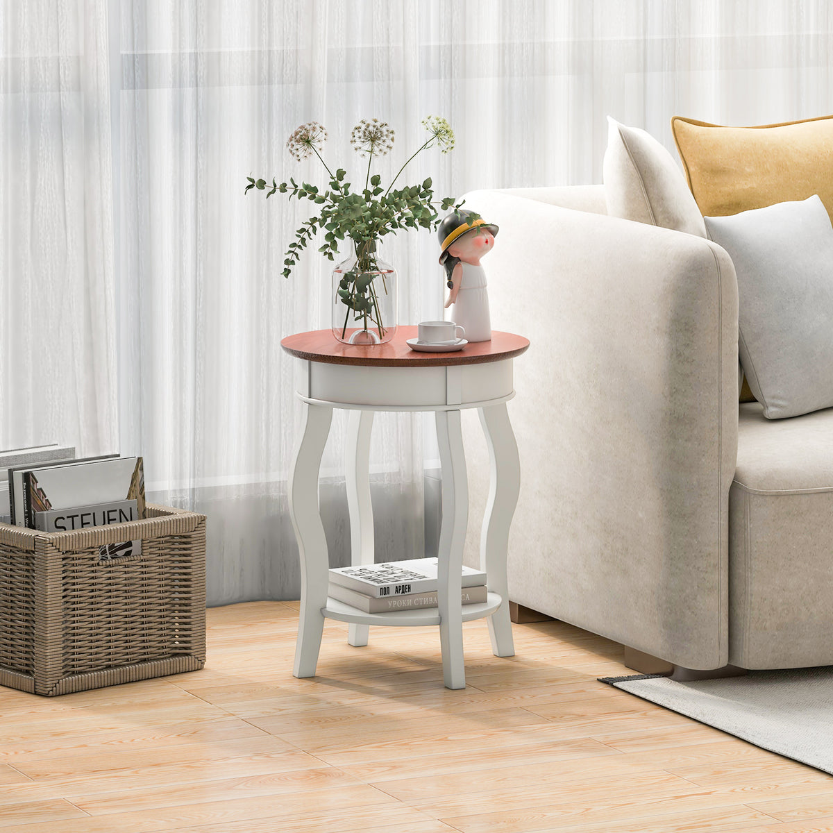 2-Tier Round End Table with Storage – Walnut & Gray