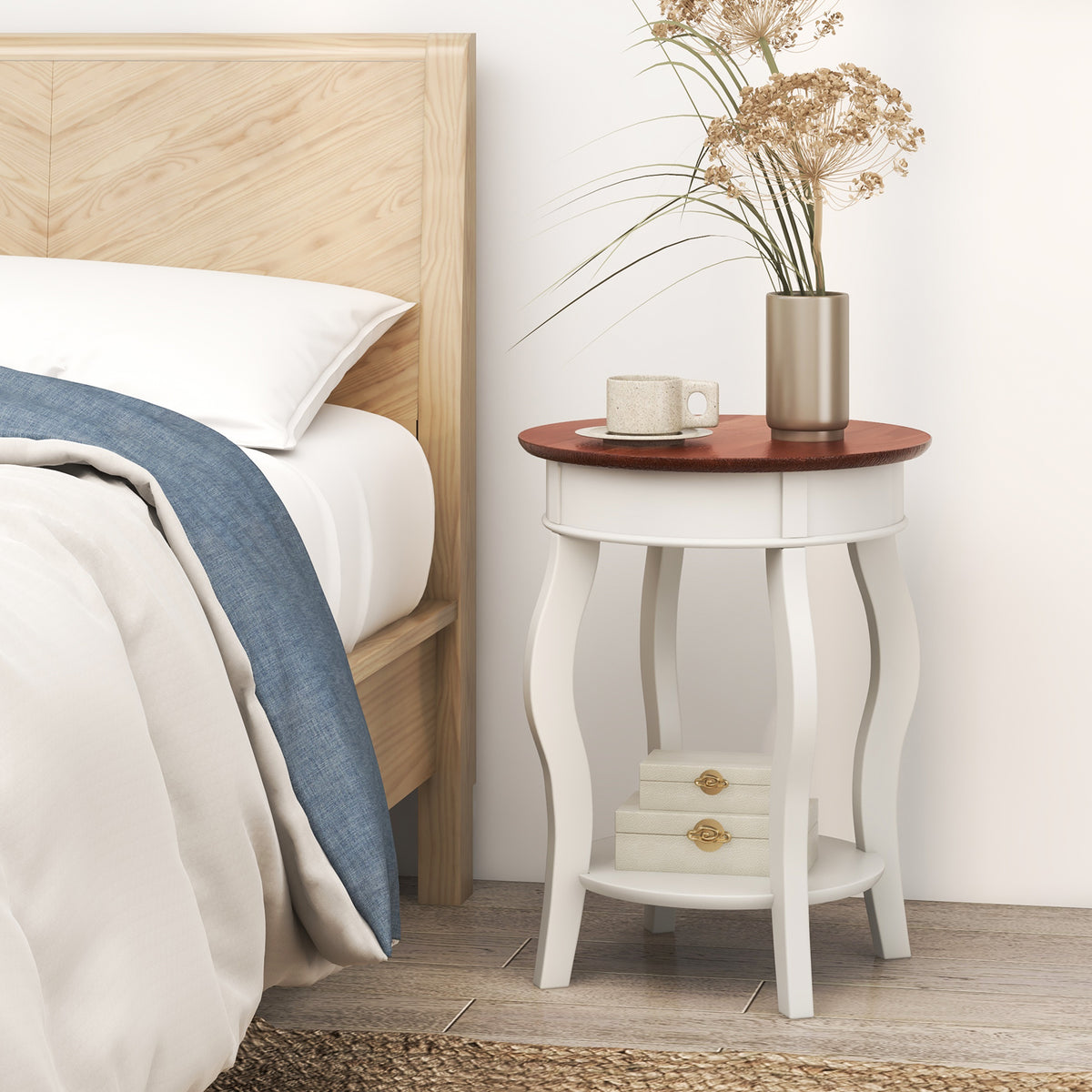 2-Tier Round End Table with Storage – Walnut & Gray