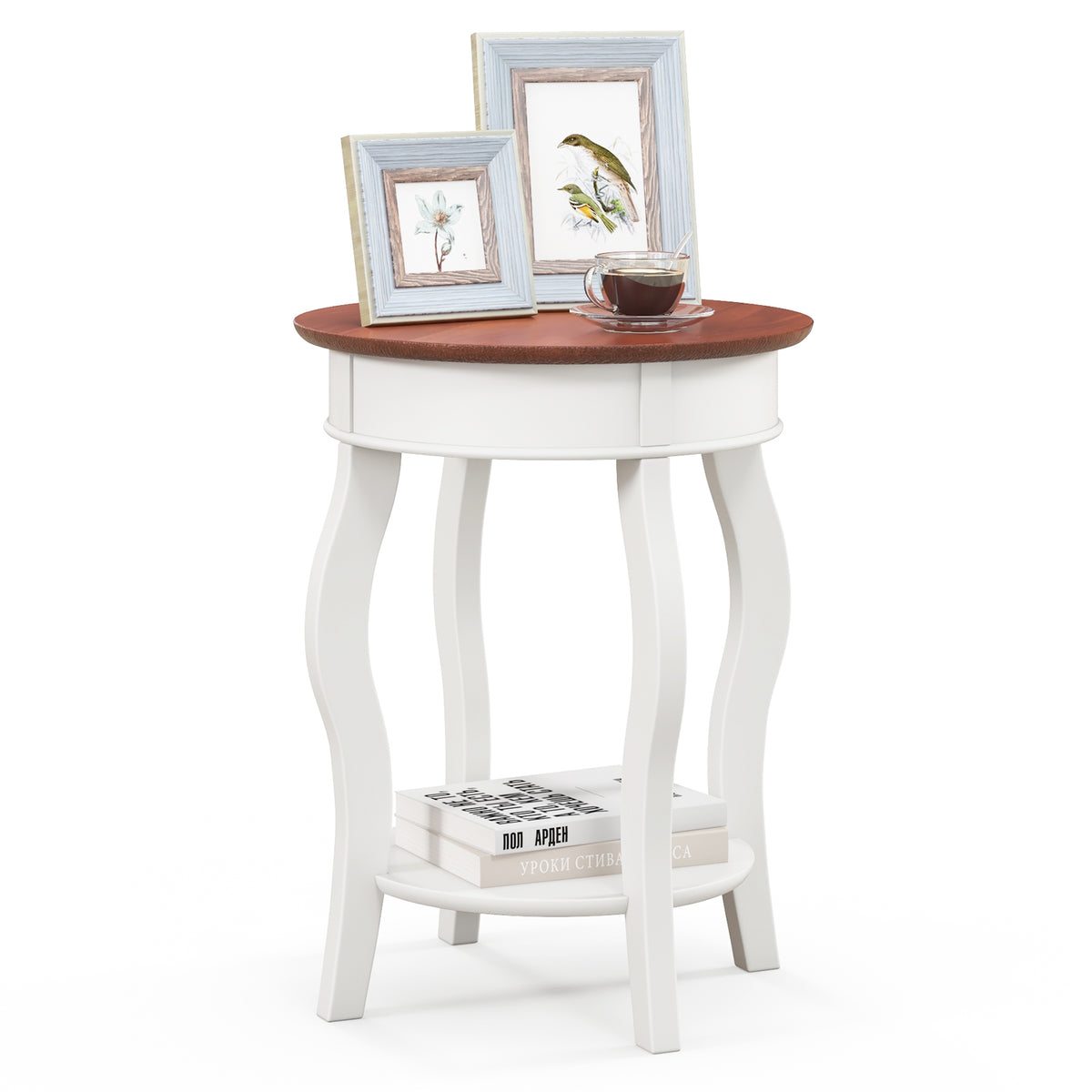 2-Tier Round End Table with Storage – Walnut & Gray