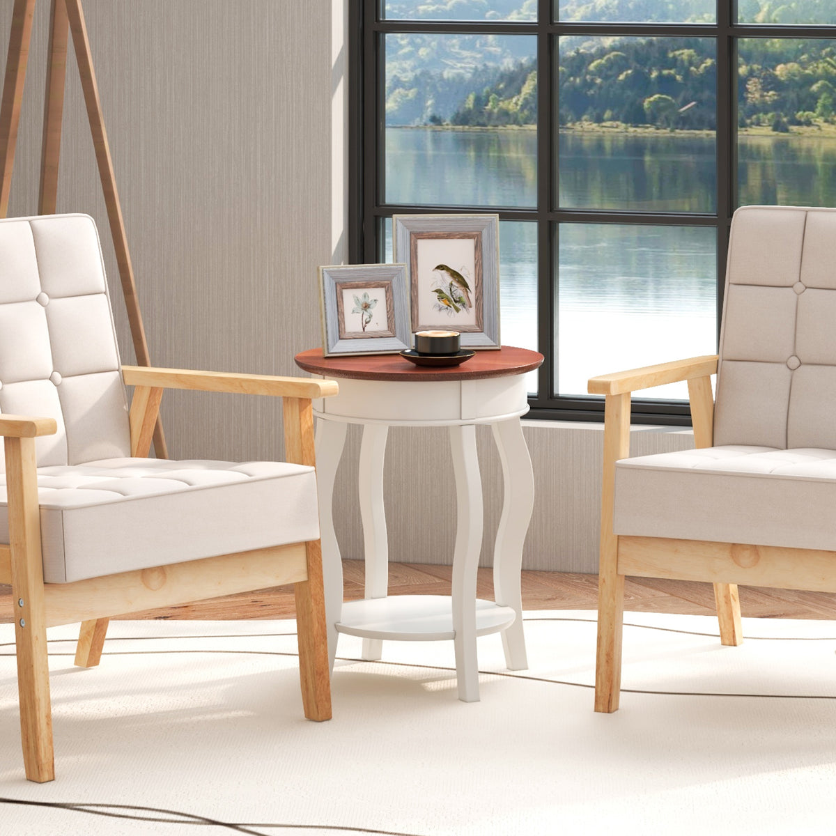 2-Tier Round End Table with Storage – Walnut & Gray