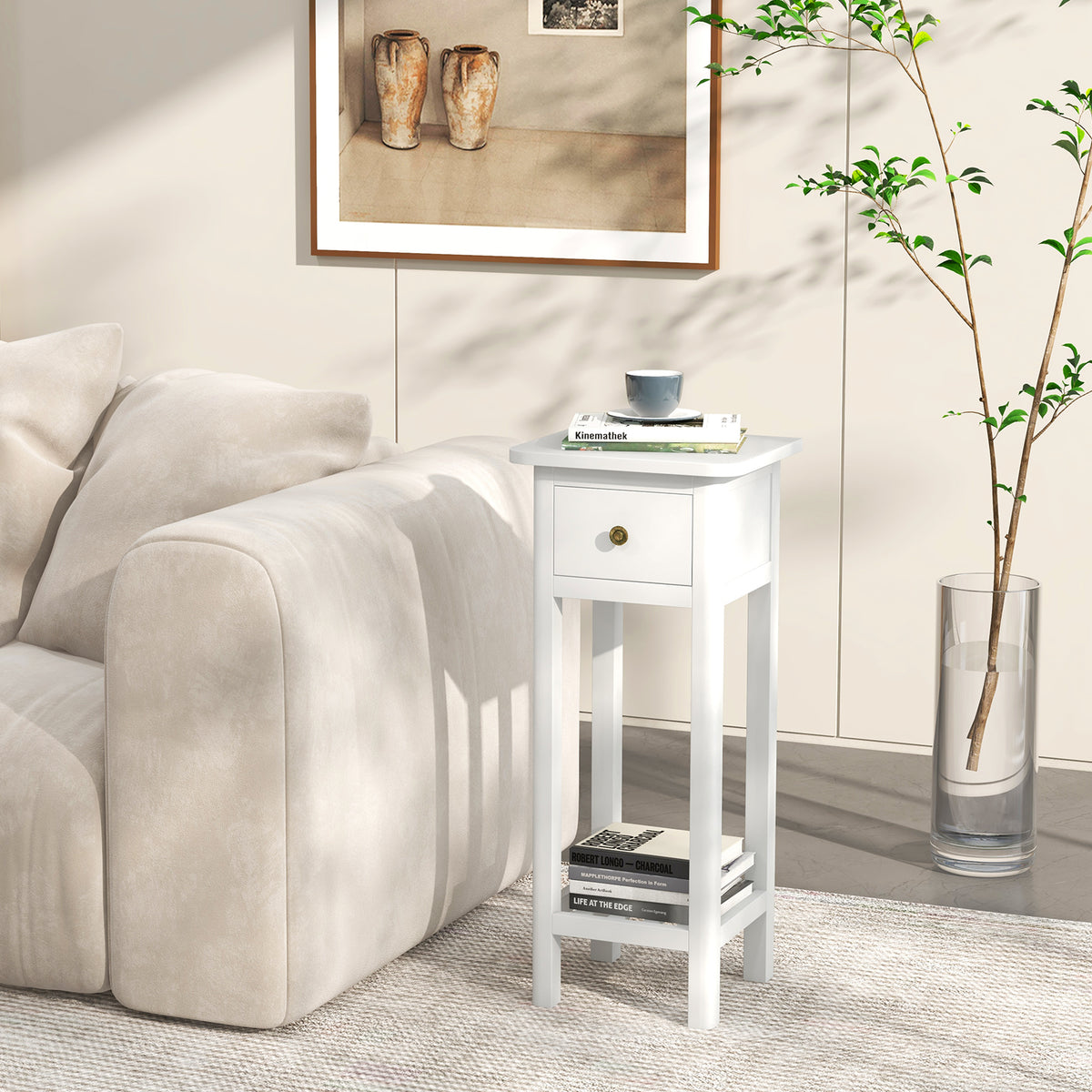 2 Tier Slim Nightstand with Drawer Shelf, White