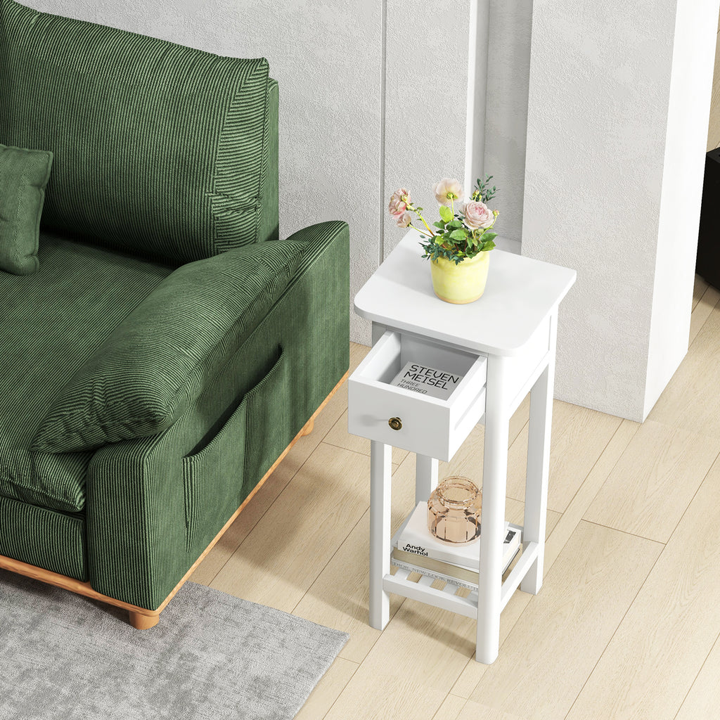 2 Tier Slim Nightstand with Drawer Shelf, White
