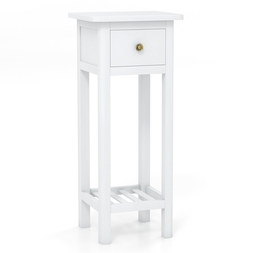 2 Tier Slim Nightstand with Drawer Shelf, White