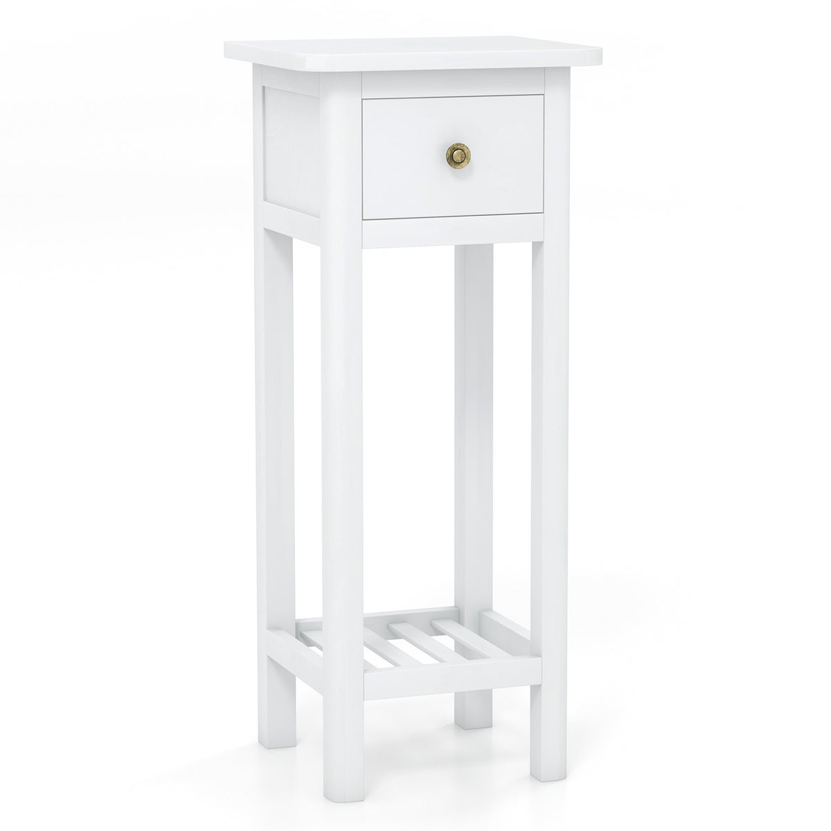 2 Tier Slim Nightstand with Drawer Shelf, White