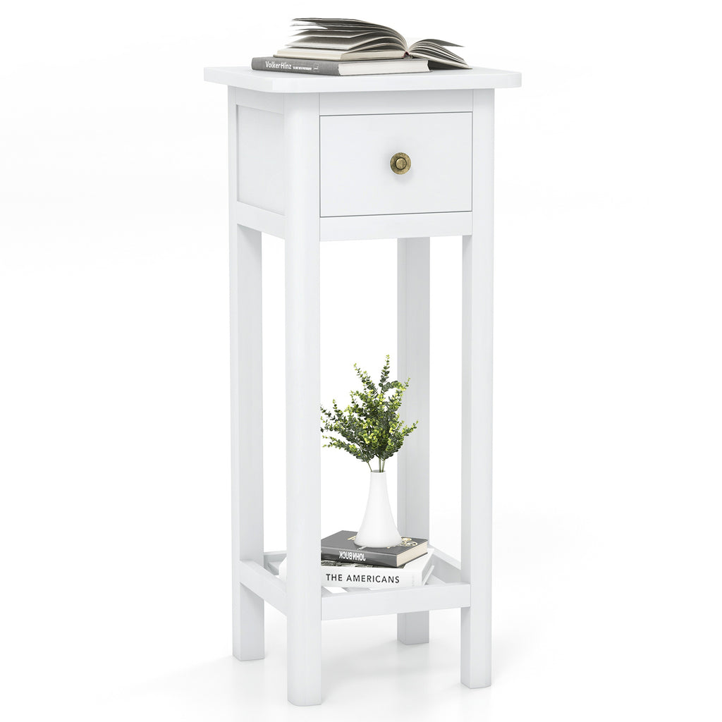 2 Tier Slim Nightstand with Drawer – White