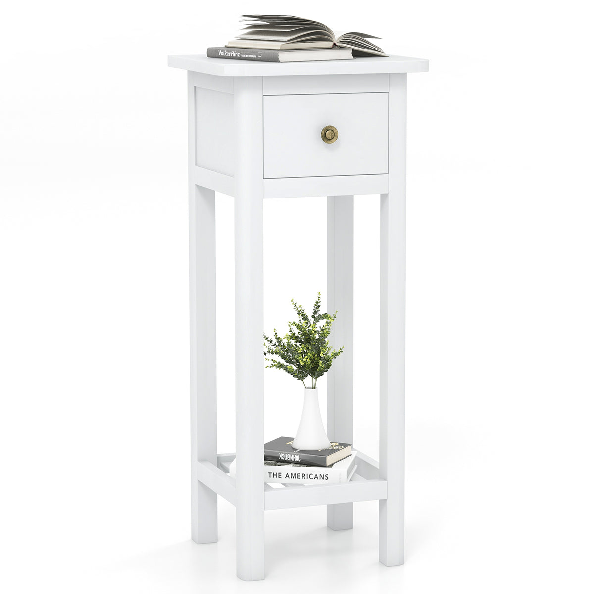 2 Tier Slim Nightstand with Drawer – White