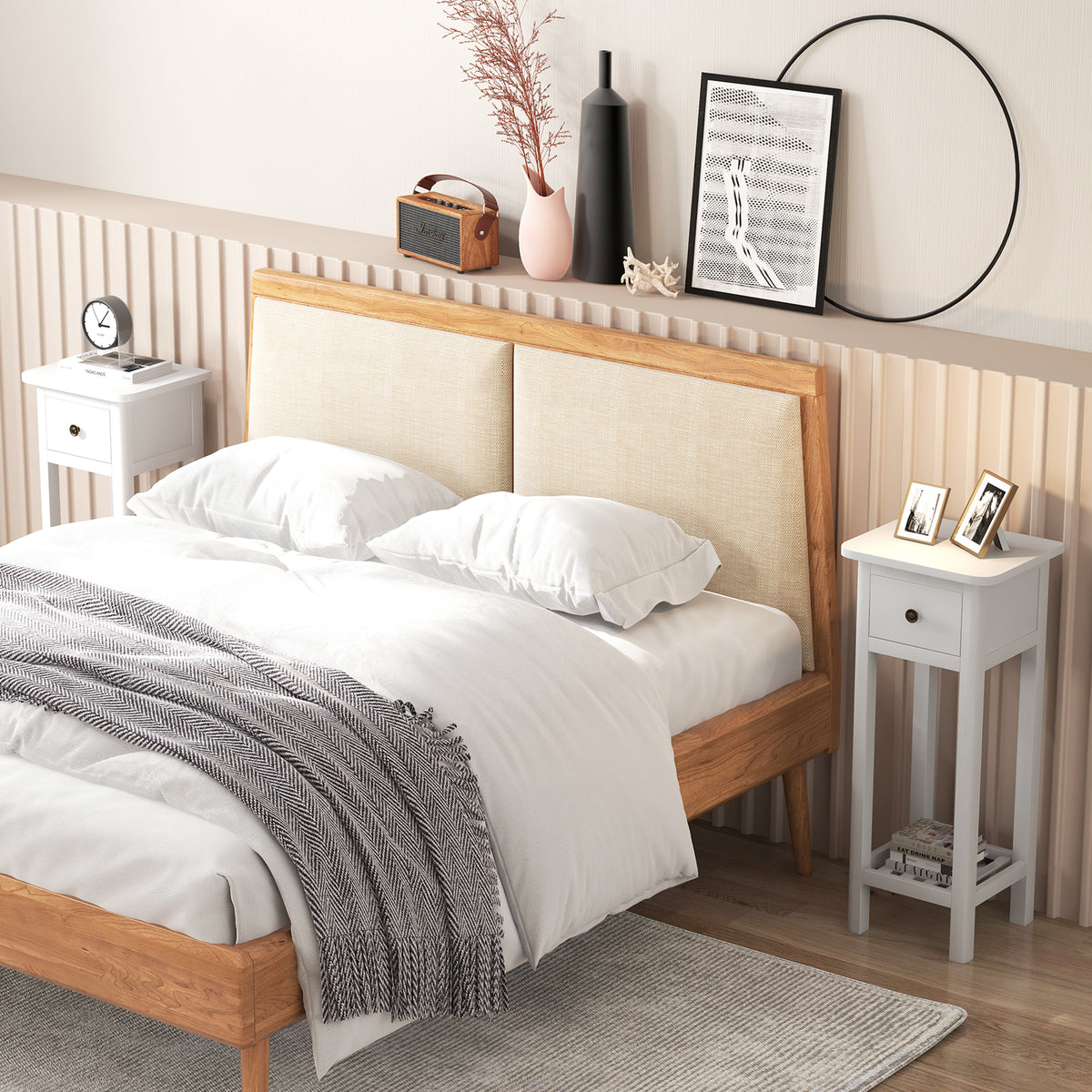 2 Tier Slim Nightstand with Drawer Shelf, White
