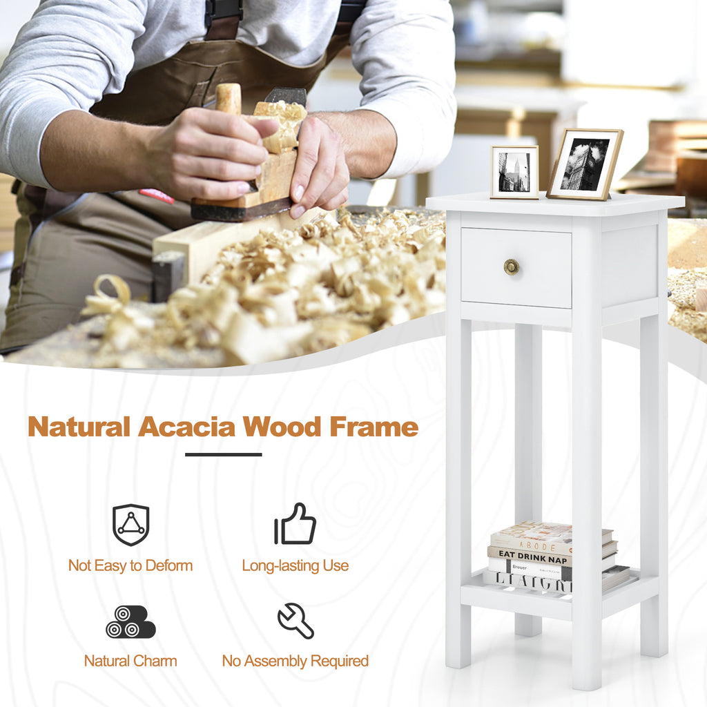 2 Tier Slim Nightstand with Drawer Shelf, White