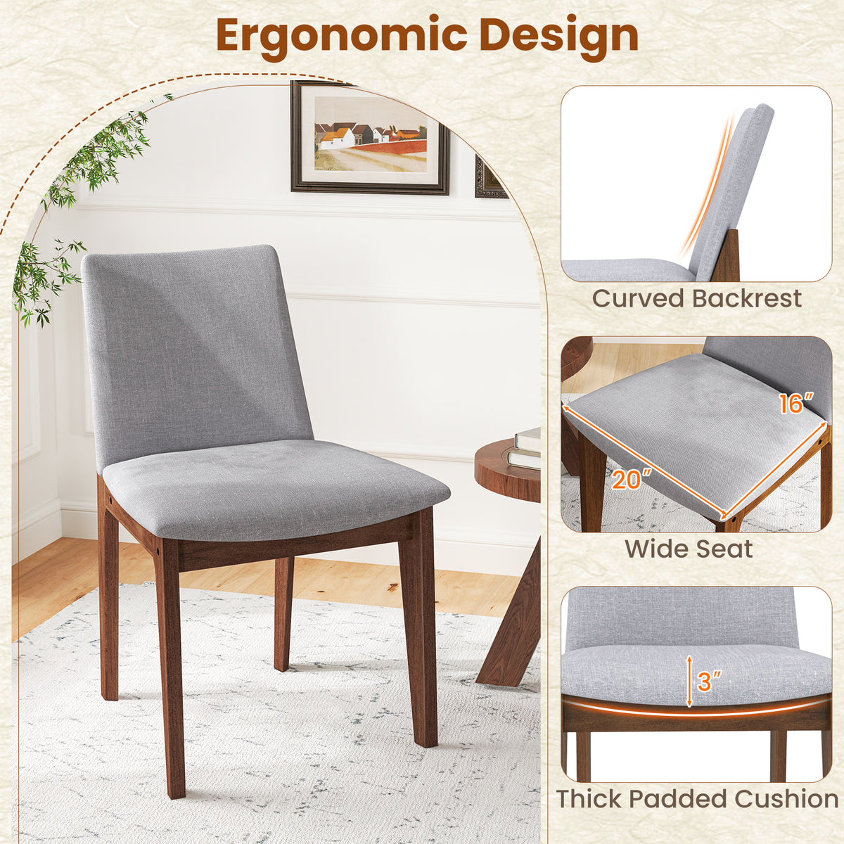 Set of 2 Upholstered Dining Chairs with High Curved Back - Walnut