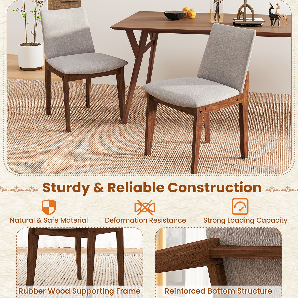 Set of 2 Upholstered Dining Chairs with Curved Back - Walnut