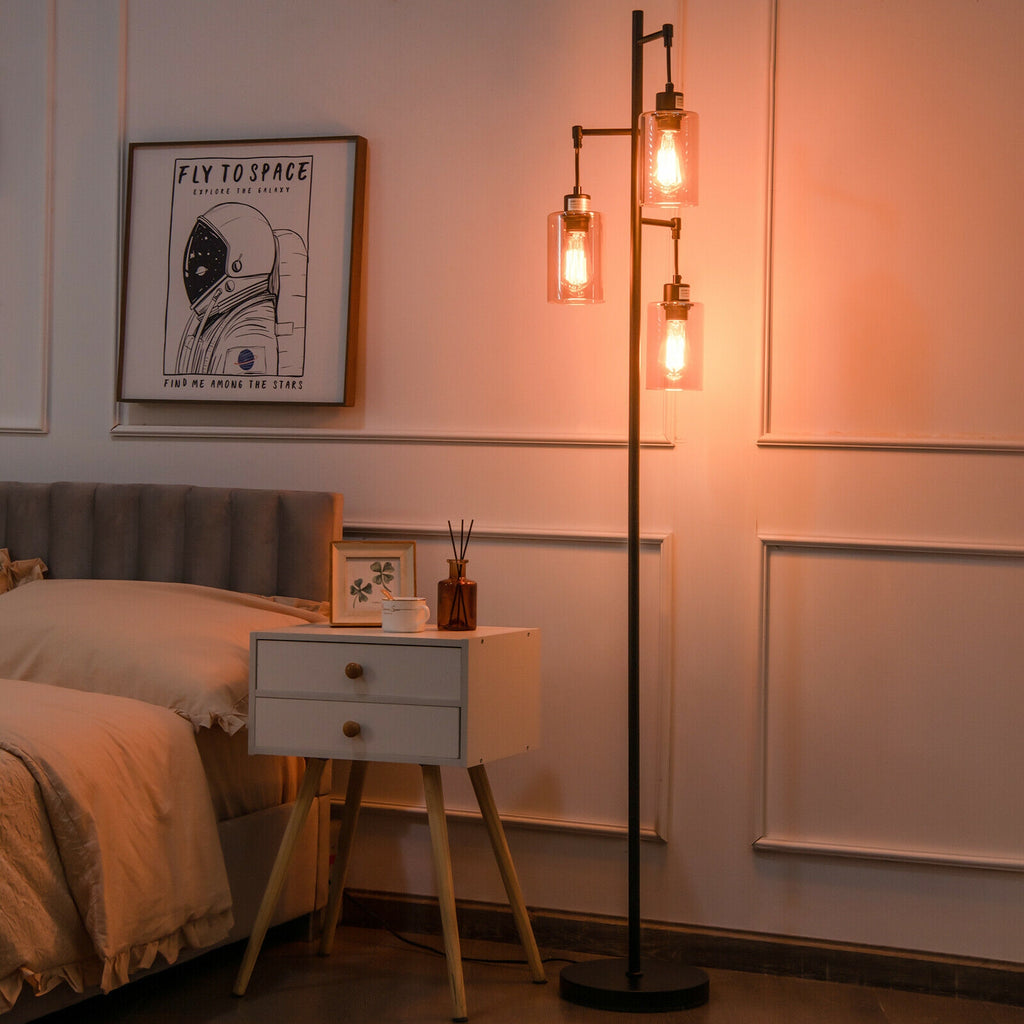 Retro Floor Lamp with 3-Head Hanging Amber Glass Shade - Stable Iron Base, Foot Switch