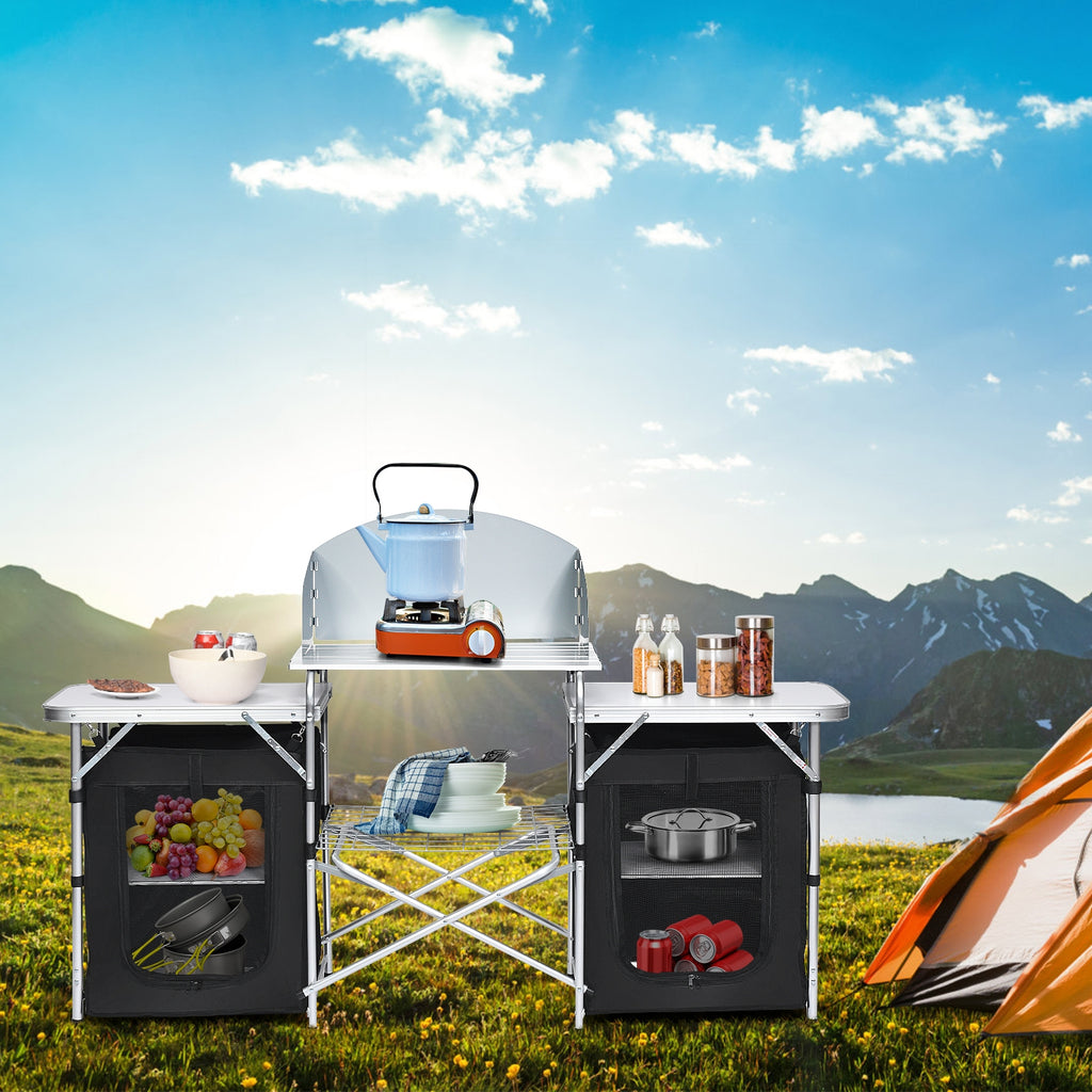 Folding Camping Table with Storage & 2 Bags, Black