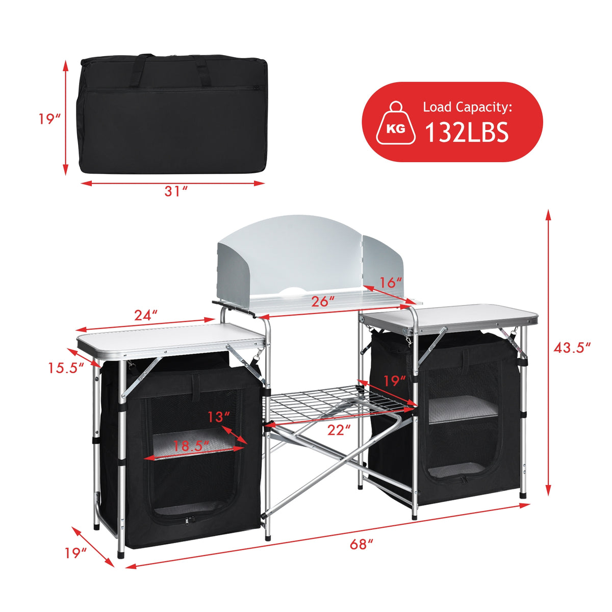 Folding Camping Table with Storage & 2 Bags, Black