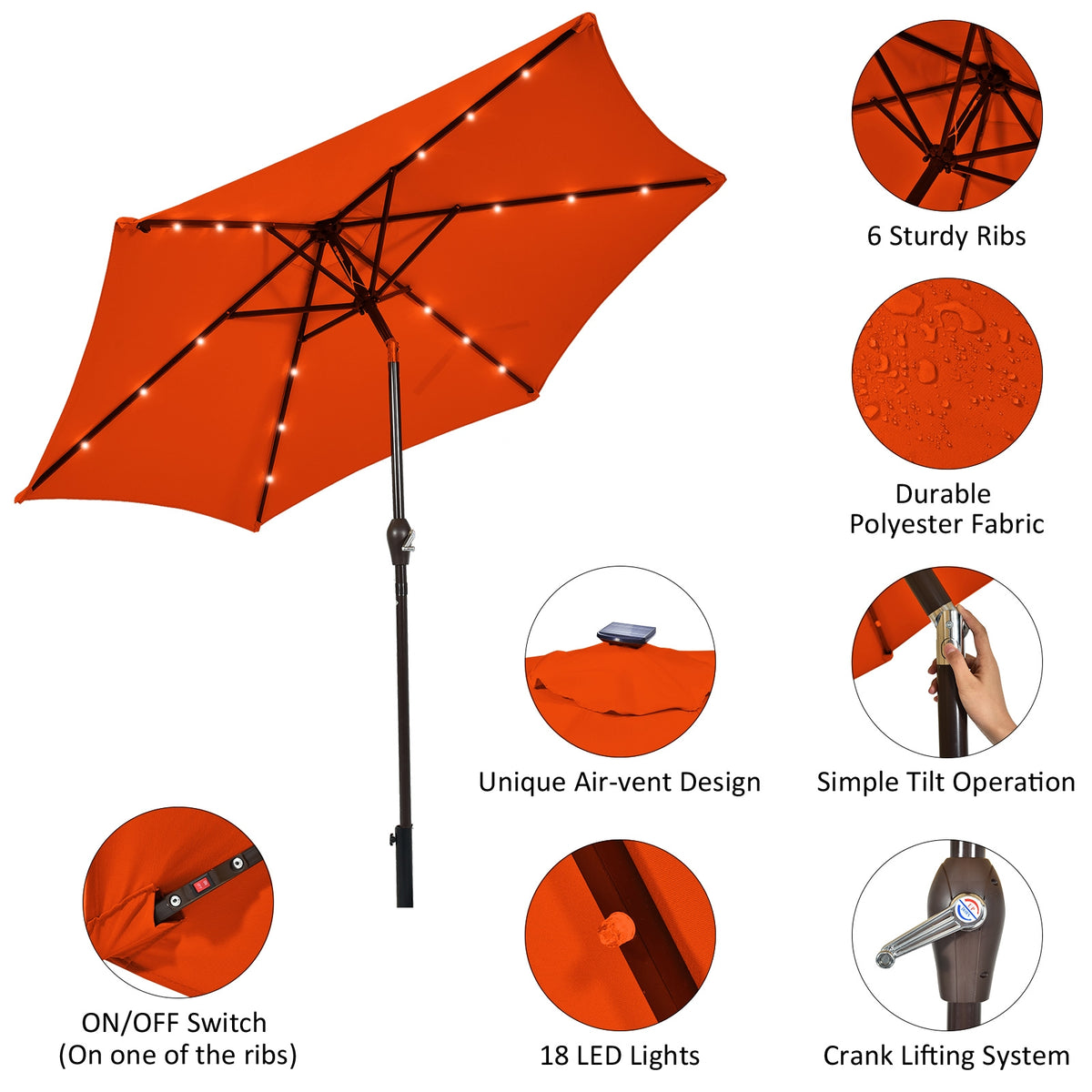 9 Feet Solar LED Lighted Patio Market Umbrella with Tilt Adjustment