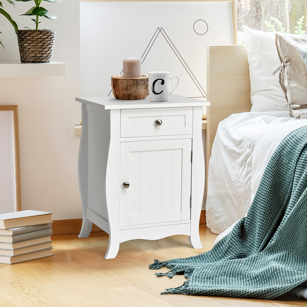 White Wooden End Table with Drawer and Cabinet Storage
