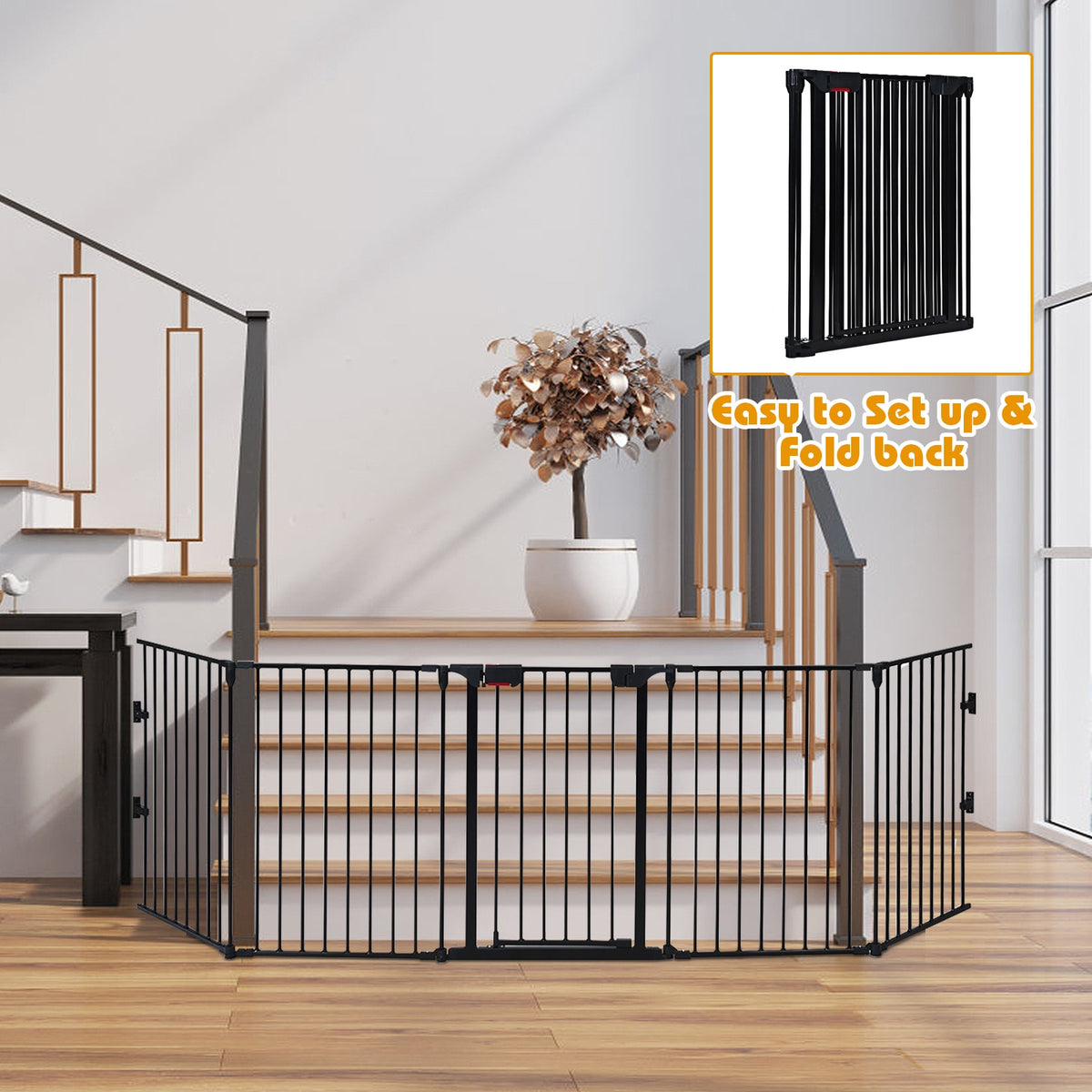 5-Panel Adjustable Metal Fireplace Fence with Locking Door - Black, 115 Inch