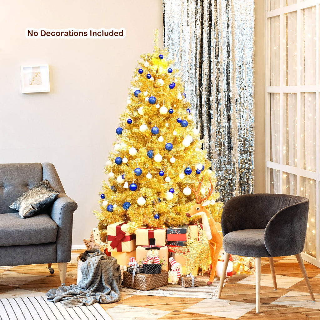 6 ft Artificial Tinsel Christmas Tree with Hinged Branches & Foldable Stand - Champagne Gold