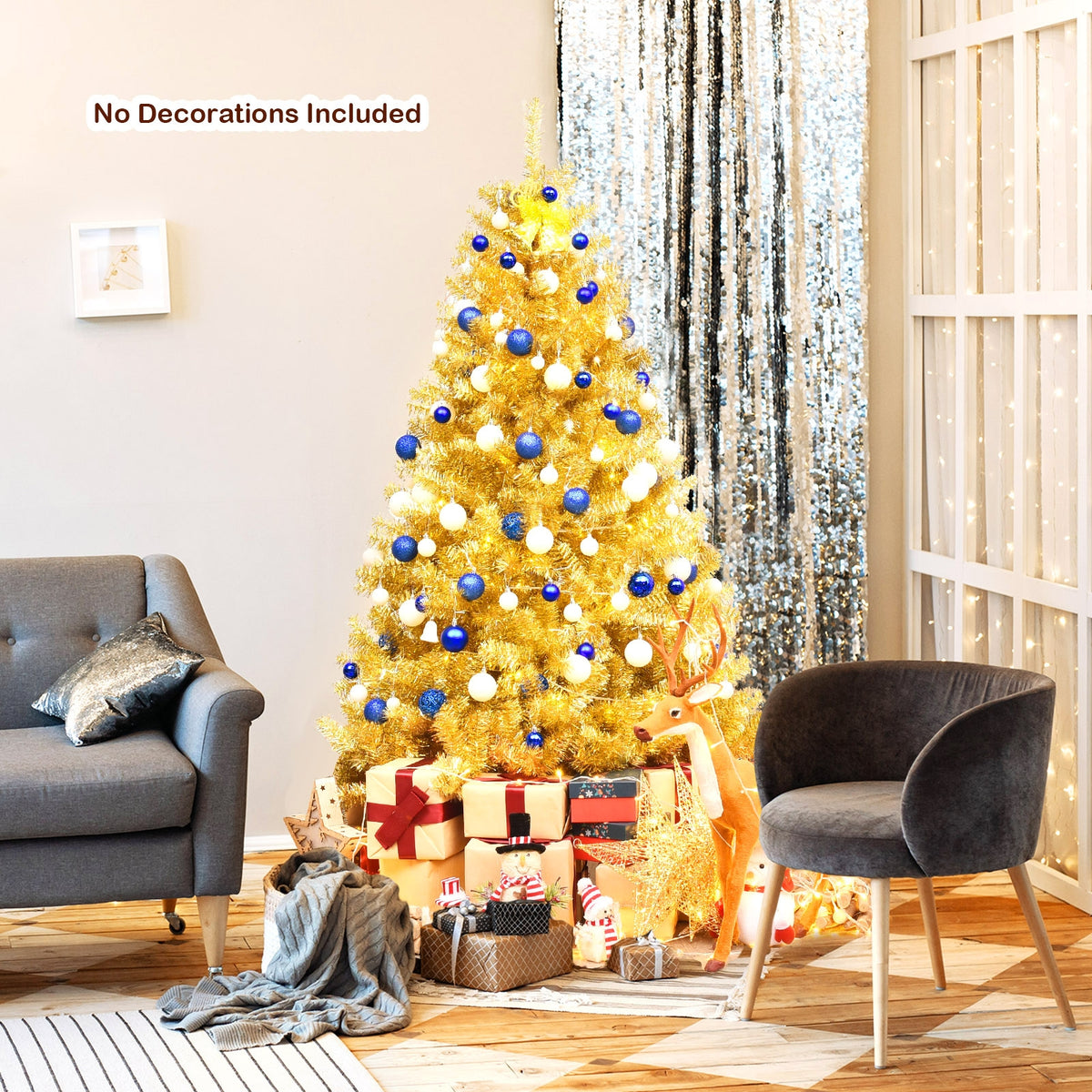 6 ft Artificial Tinsel Christmas Tree with Hinged Branches & Foldable Stand - Champagne Gold
