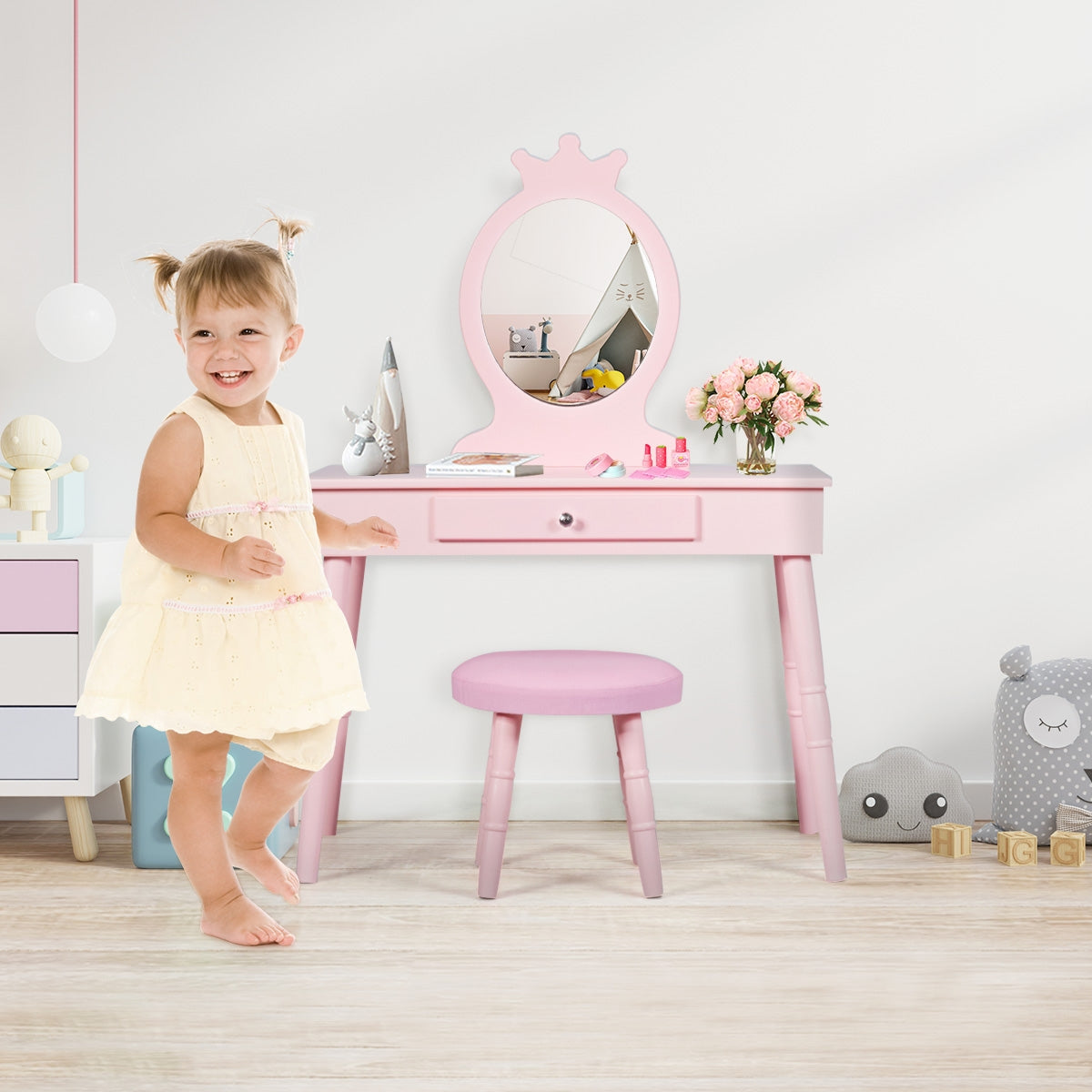 Kids Wooden Princess Makeup Table with Cushioned Stool & Round Mirror - Pink Variation