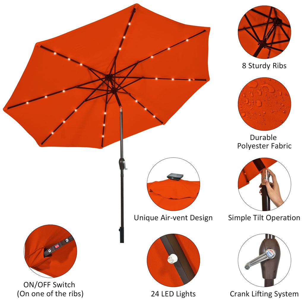 10 FT Patio Umbrella with 24 LED Solar Lights, Orange