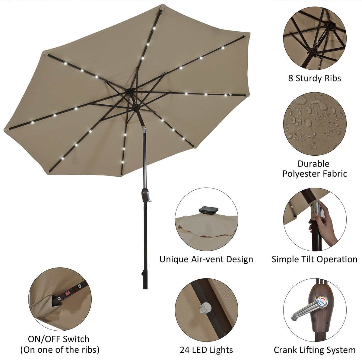 10 Feet Outdoor Patio Umbrella with Bright Solar LED Lights