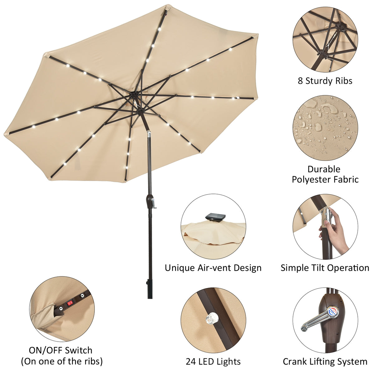 10 Ft Solar Patio Umbrella with 24 LED Lights - Beige