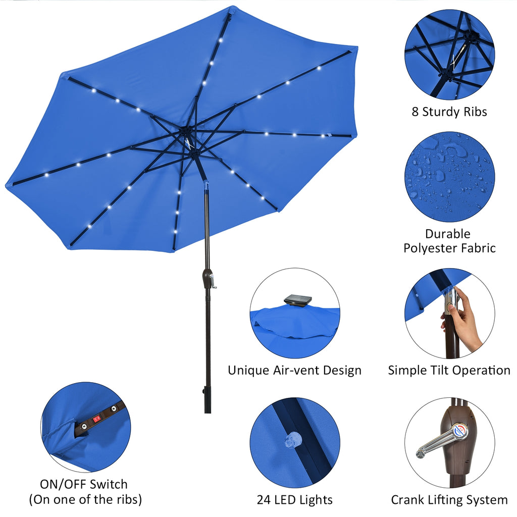 10 Ft Patio Umbrella with 24 Solar LED Lights - Blue