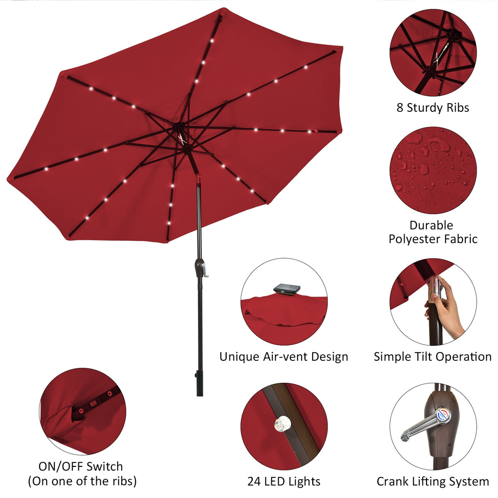 10 FT Patio Umbrella with Solar LED Lights - Dark Red
