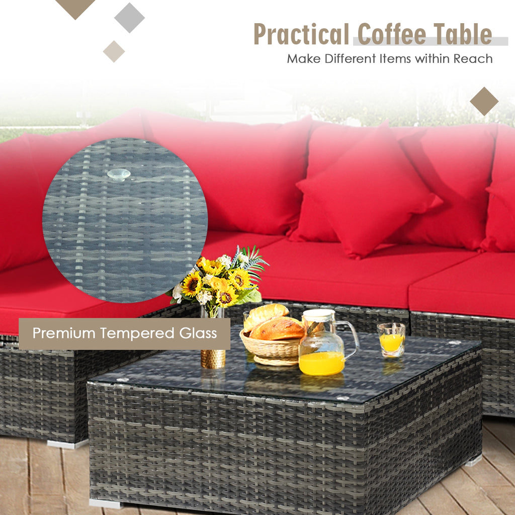 7-Piece Patio Rattan Sectional Sofa Set - Mix Gray & Red