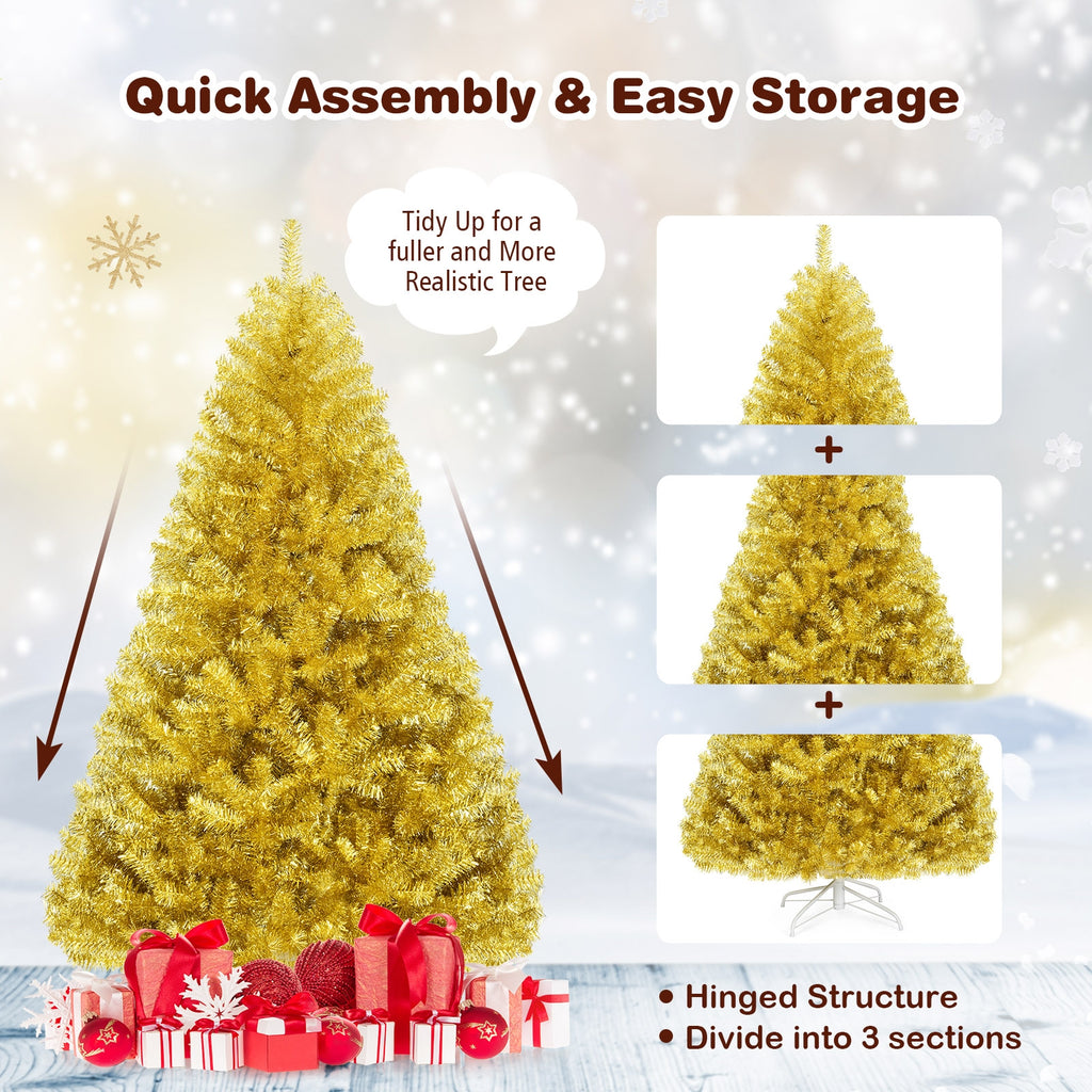 6 ft Artificial Tinsel Christmas Tree with Hinged Branches & Foldable Stand - Champagne Gold