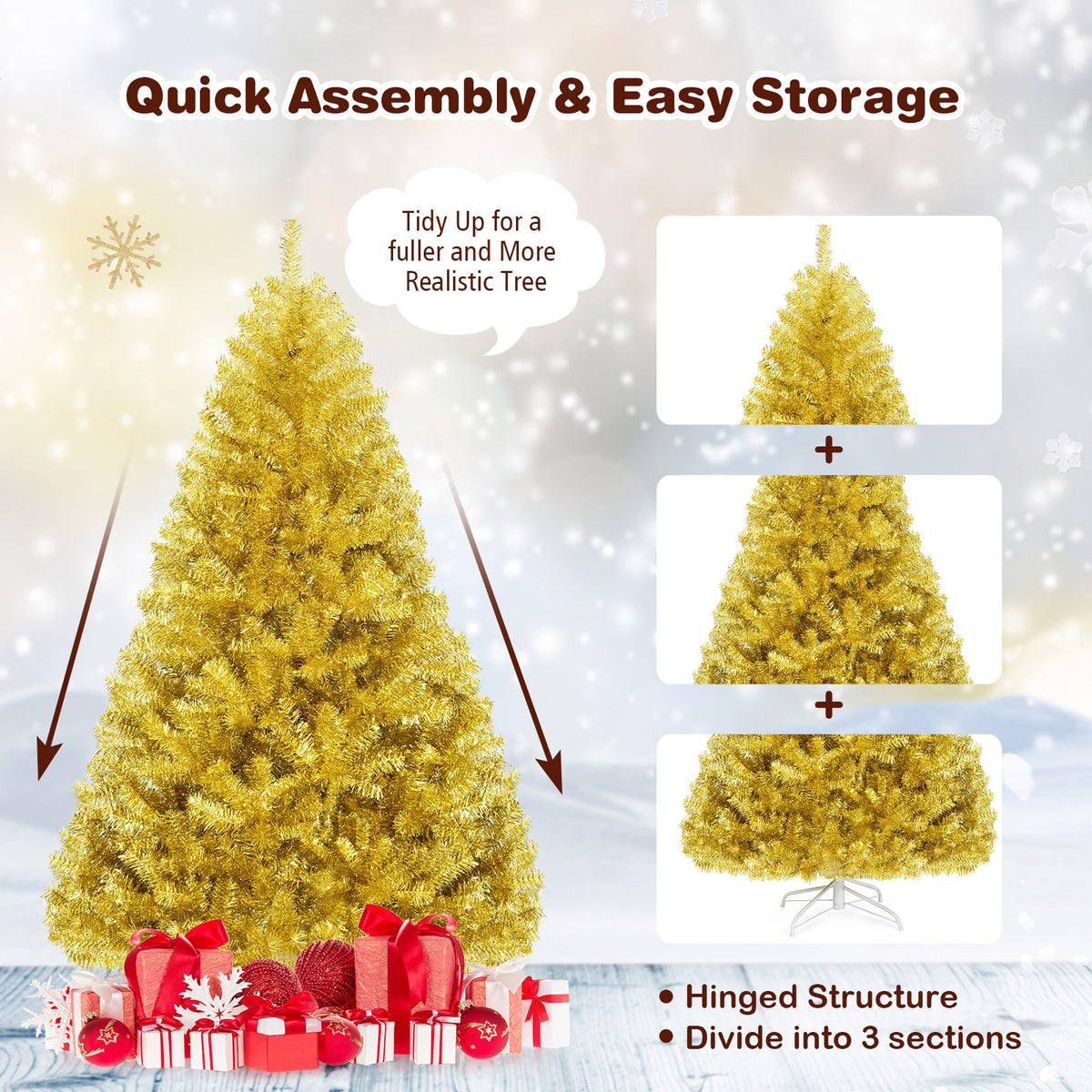 6 ft Artificial Tinsel Christmas Tree with Hinged Branches & Foldable Stand - Champagne Gold