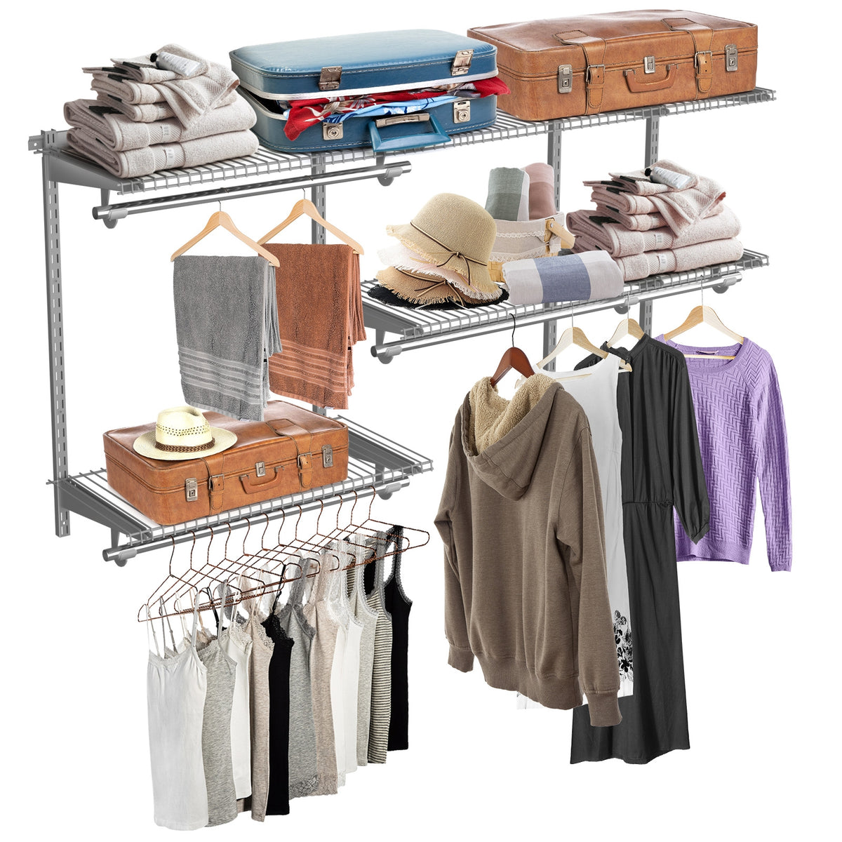 Wall-Mounted Closet System with Shelves & Rod – 4-8 Feet, Gray