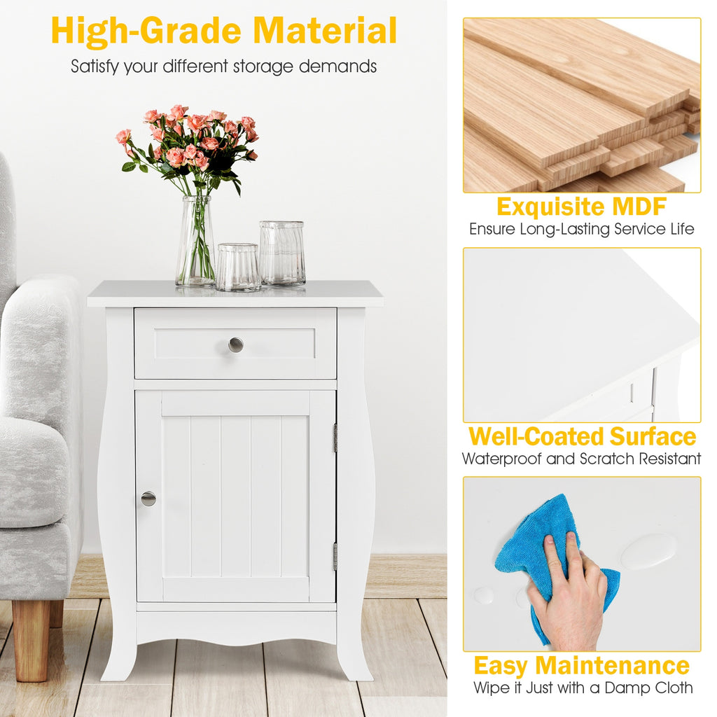 White Wooden End Table with Drawer and Cabinet Storage