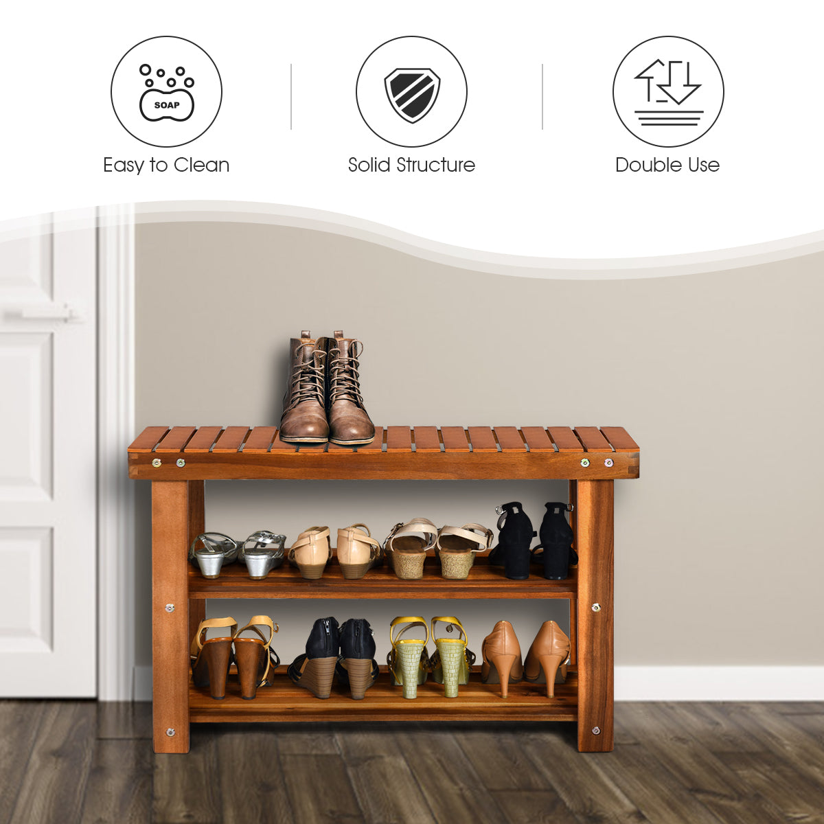 Acacia Wood Bench with 3-Tier Storage Shelves - 27.5"