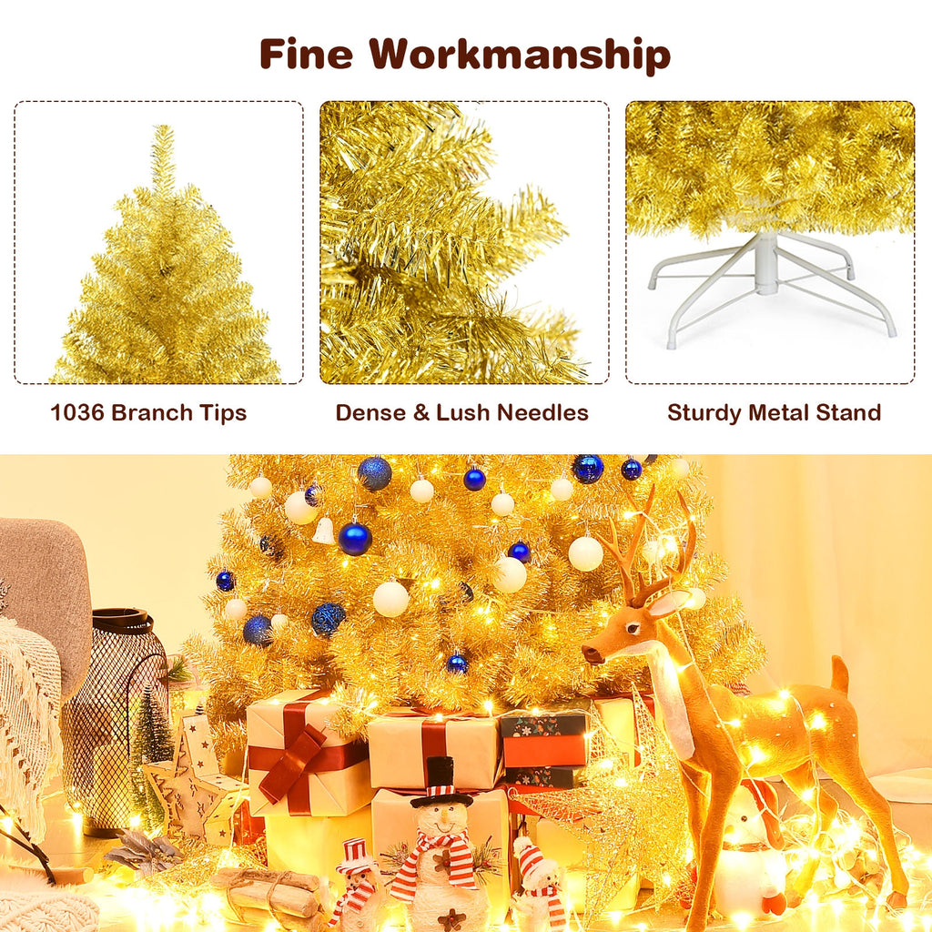 6 ft Artificial Tinsel Christmas Tree with Hinged Branches & Foldable Stand - Champagne Gold