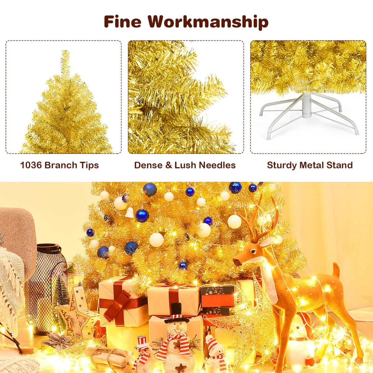 6 ft Artificial Tinsel Christmas Tree with Hinged Branches & Foldable Stand - Champagne Gold
