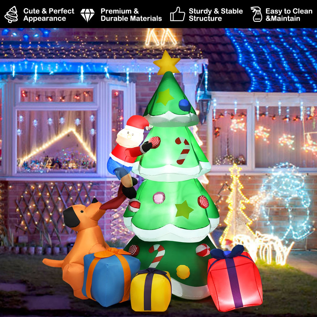 Inflatable Christmas Tree with Santa Puppy & LED Lights - 7 Feet, Dog Chasing Santa Variation