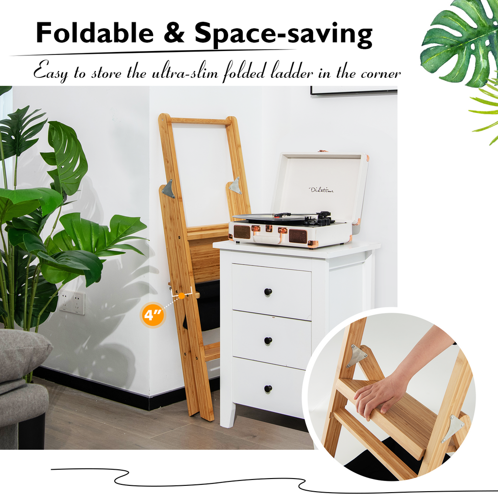3 Step Foldable Bamboo Ladder Stool with Tool Storage Bag