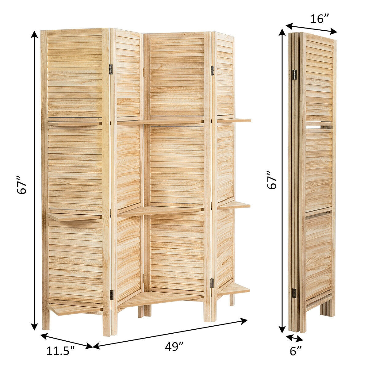 Brown 4 Panel Freestanding Room Divider with Shelves - Folding Privacy Screen