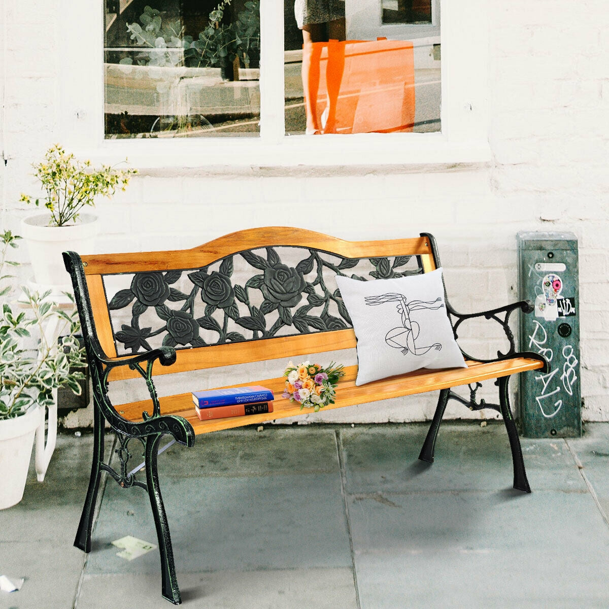 Outdoor Wooden Loveseat Bench with Iron Armrest - Porch Chair Style 3