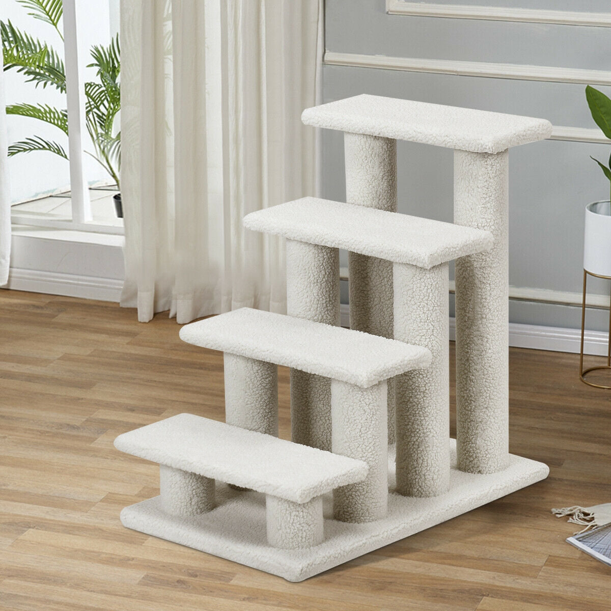 24 Inch Beige 4-Step Pet Stairs with Carpeted Climber & Scratching Posts