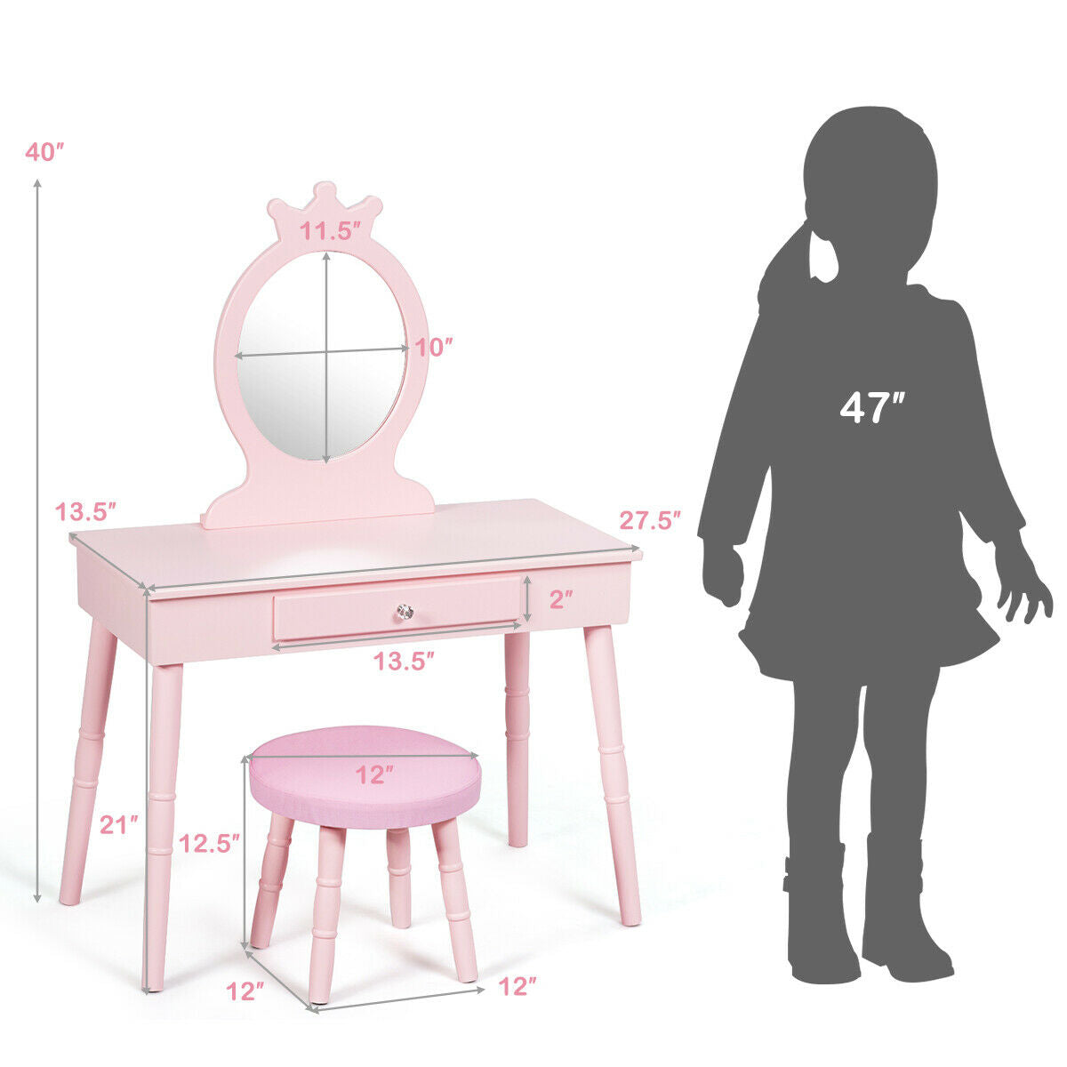 Kids Wooden Princess Makeup Table with Cushioned Stool & Round Mirror - Pink Variation